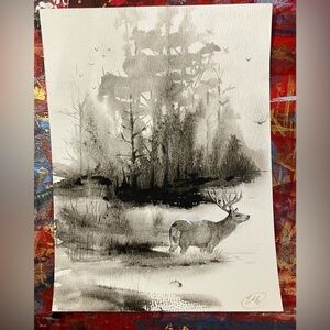 Original Watercolor Painting Majestic Deer in Misty Forest Signed Artettina 2026